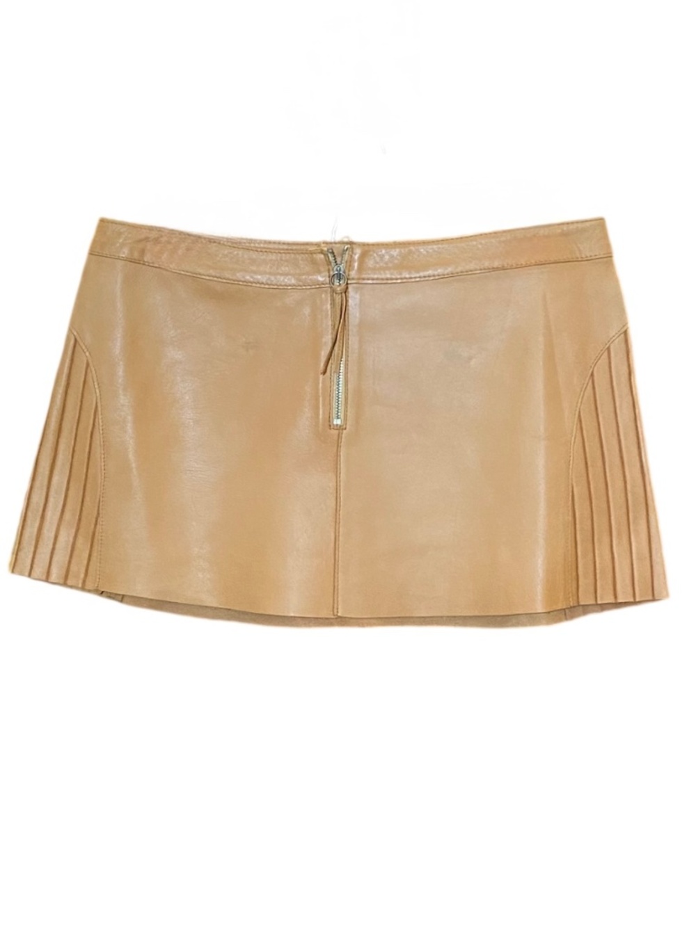 Best Before Italy Y2K Real Leather Pleated Side Mini Skirt Toffee Camel Small